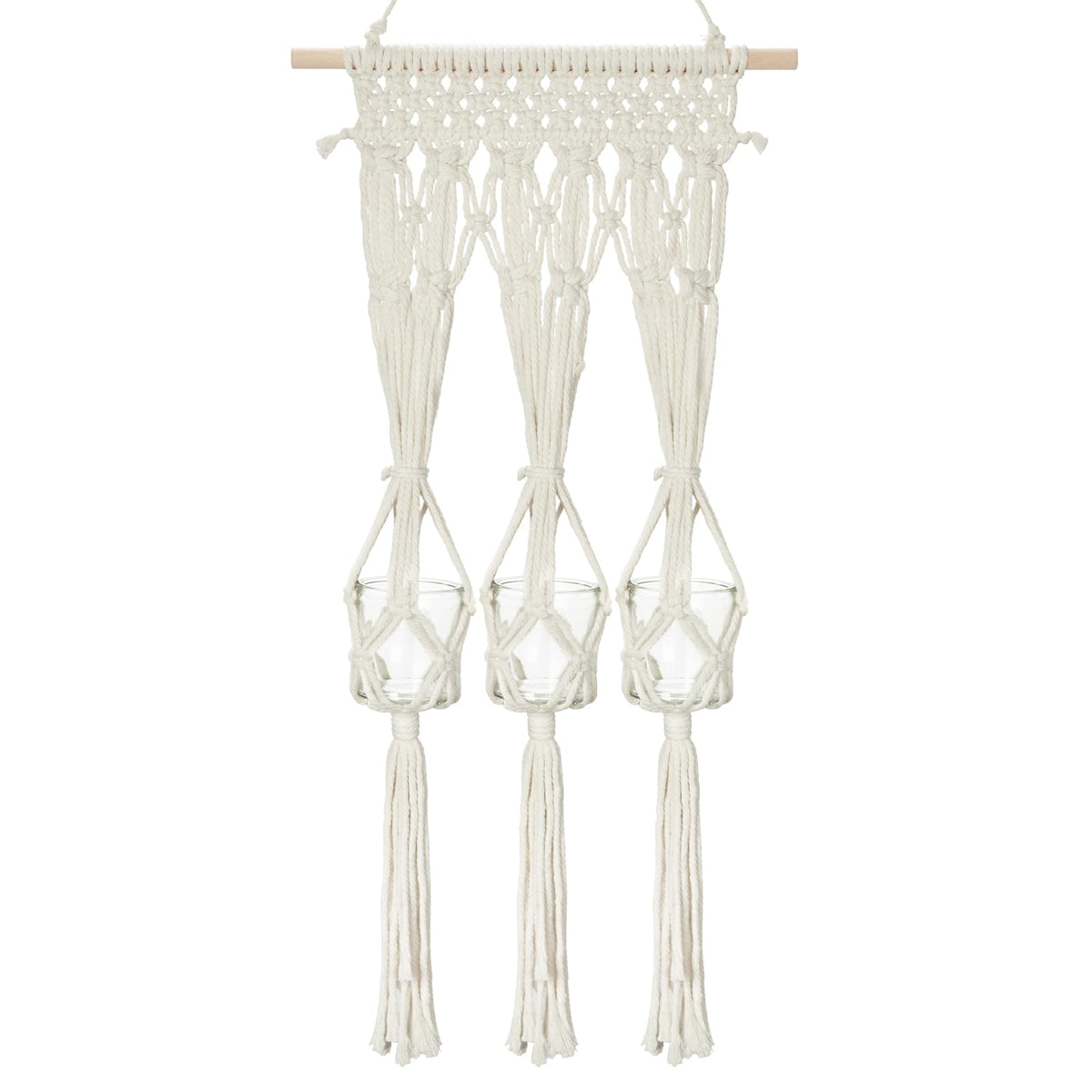 Briful Macrame Wall Hanging Shelf Cream-White with 3 Glass Vases Boho Decor