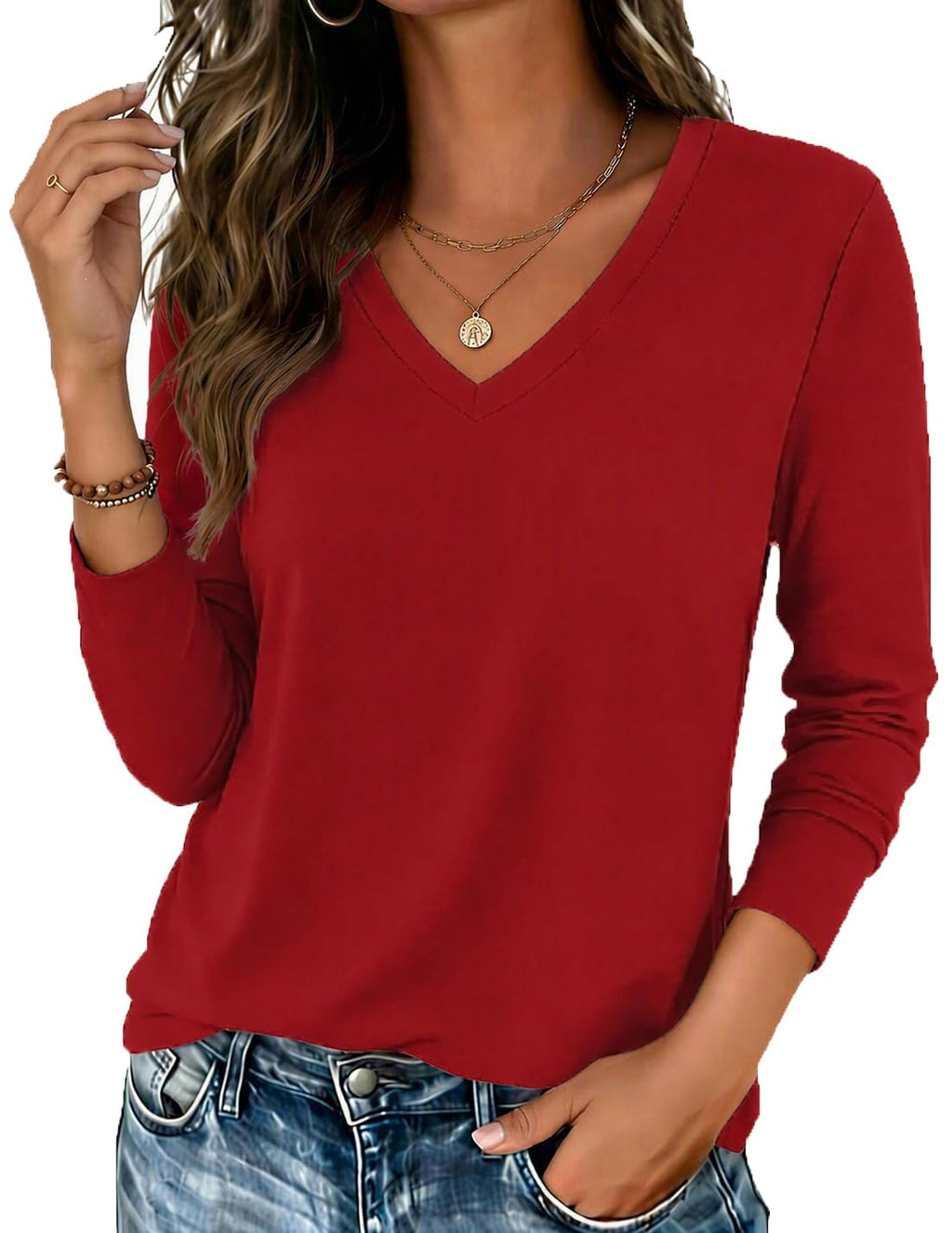 Zeagoo Womens Shirts Long Sleeve Tops V Neck Casual Basic Tee Fall Outfits