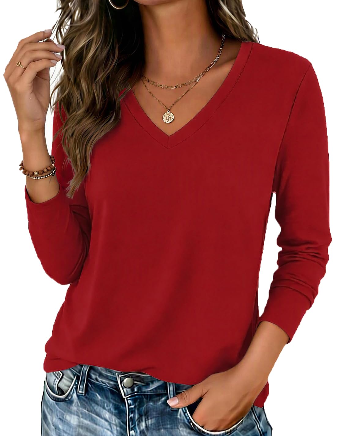 Zeagoo Womens Shirts Long Sleeve Tops V Neck Casual Basic Tee Fall Outfits