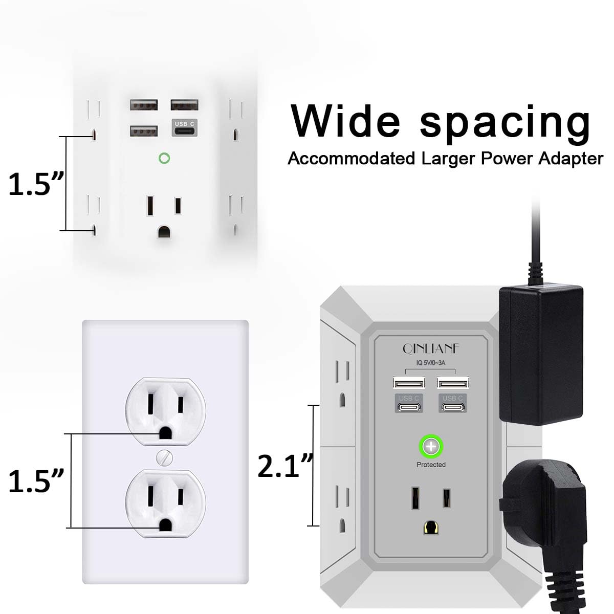 Wall Charger, Surge Protector, QINLIANF 5 Outlet Extender with 4 USB Ports