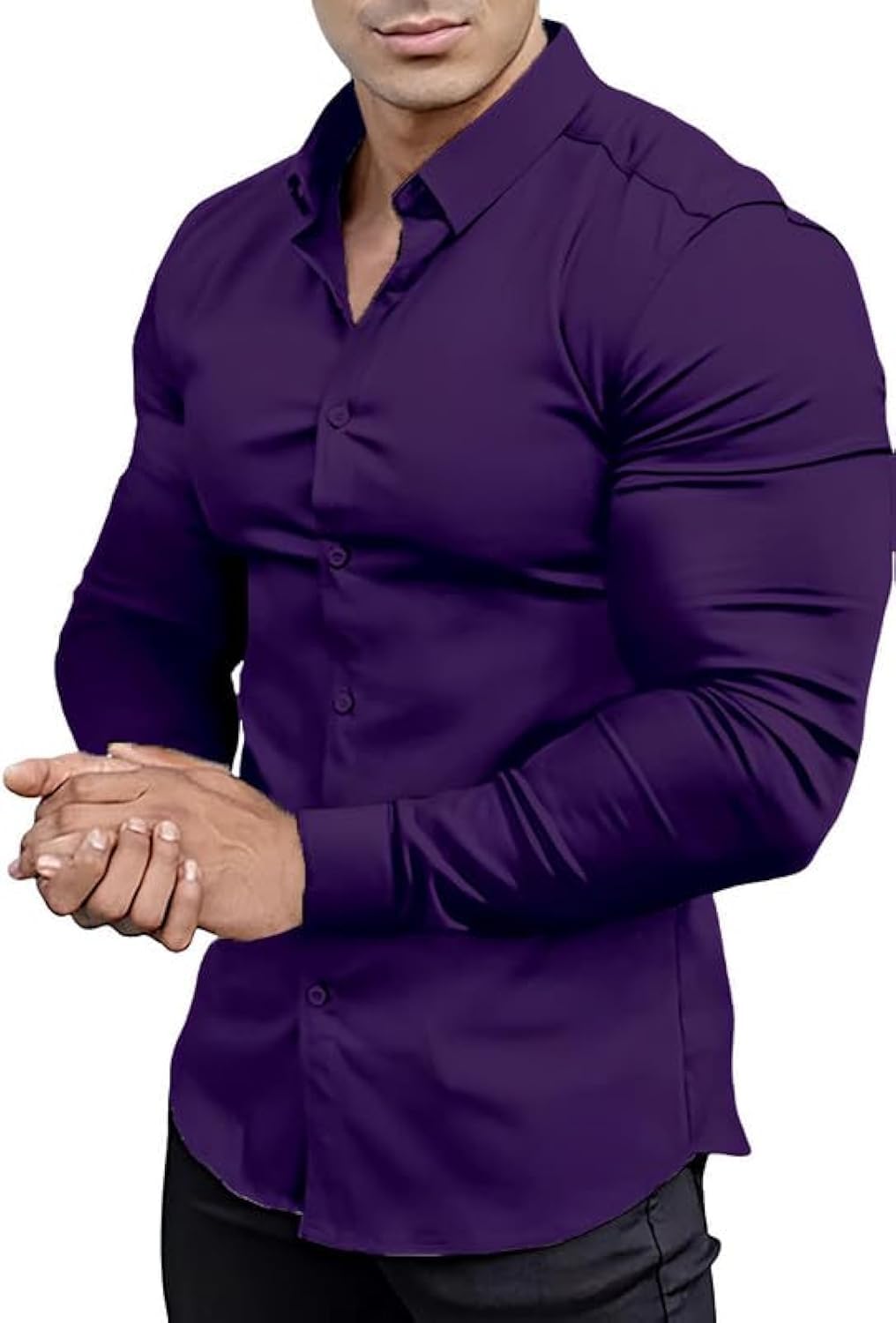 Men’s Muscle Fit Dress Shirts Athletic Slim Fit Long Sleeve Stretch Casual Button Down Shirt