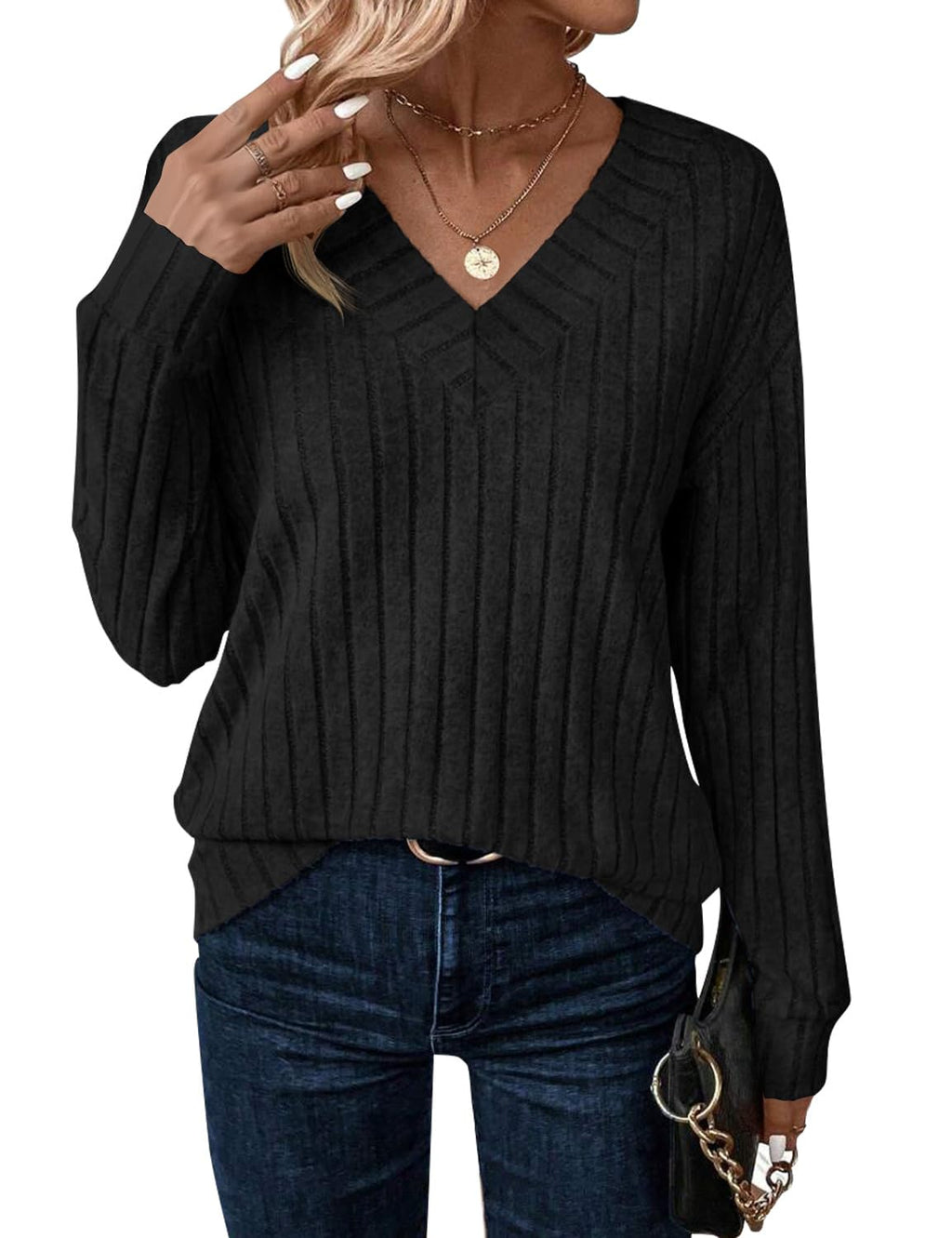 JUSTFASHIONNOW Long Sleeve V Neck Shirts for Women Lightweight Sweaters