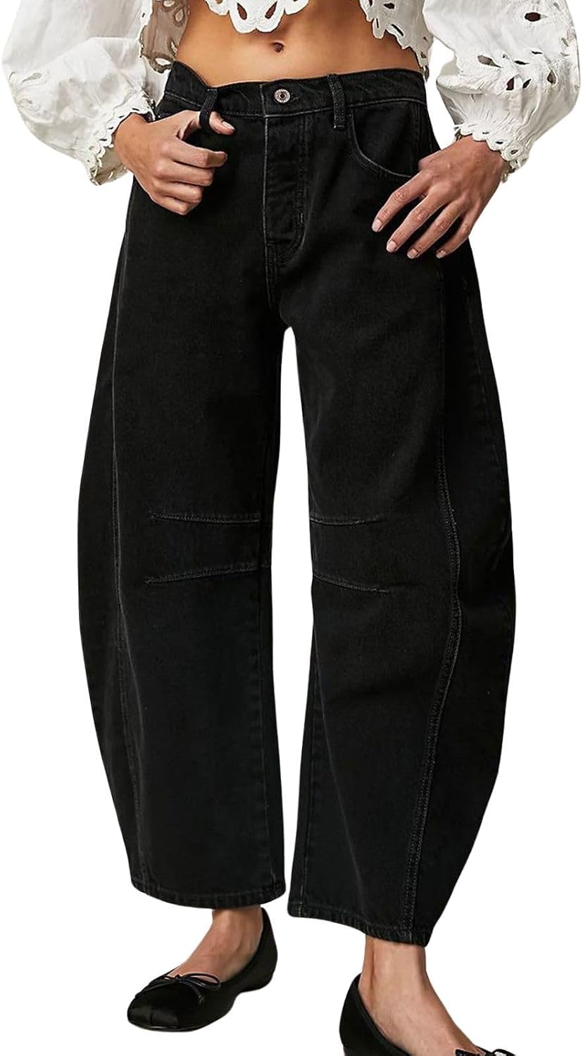 Womens Stretchy Mid Rise Barrel Jeans Vintage Loose Wide Leg Cropped Denim Pants Y2k Baggy Boyfriend Jeans