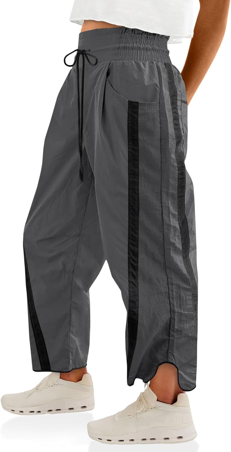 Fisoew Women's Baggy Wide Leg Pants Casual Drawstring Elastic Waisted Contrast Color Workout Y2K Track Pants