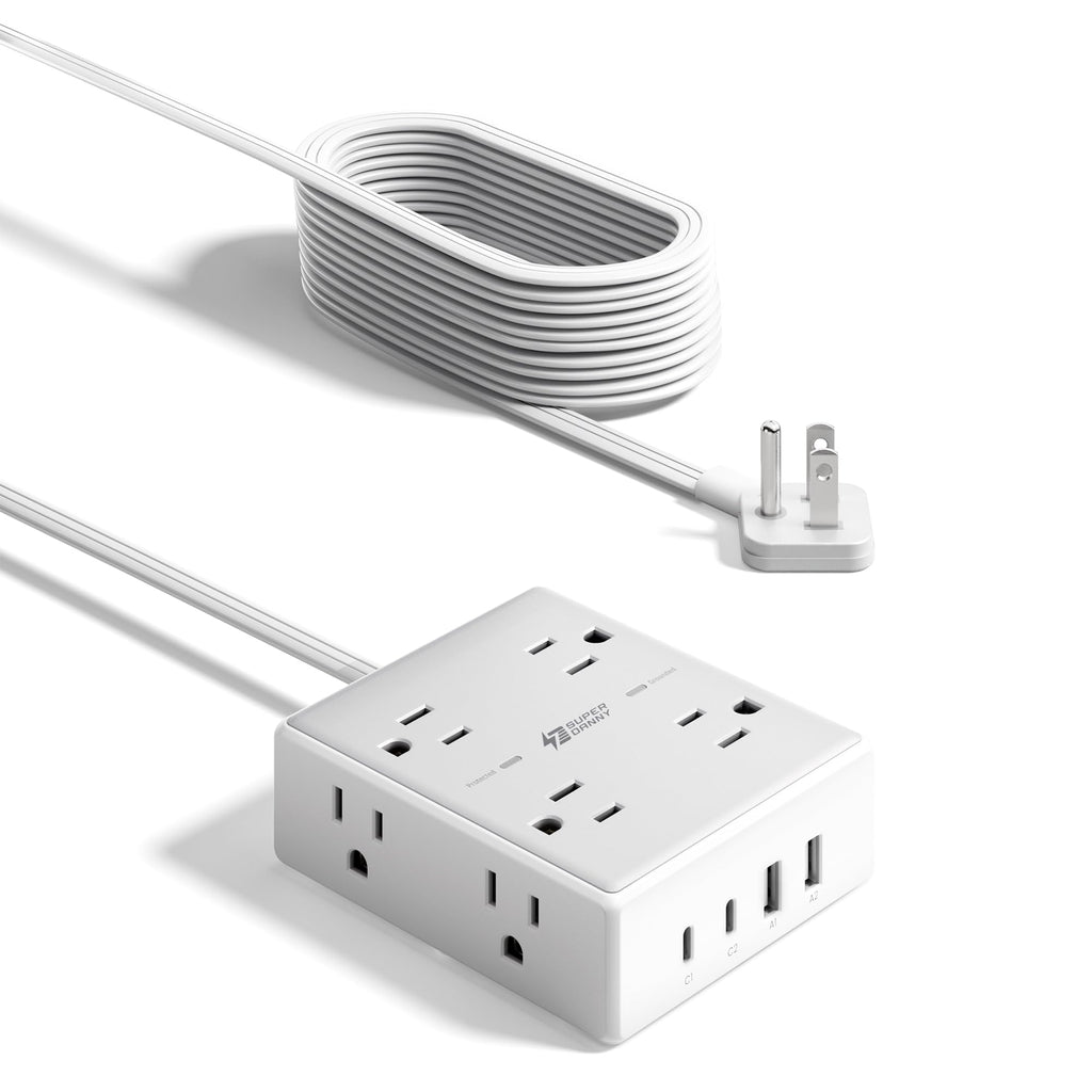 SUPERDANNY Extension Cord,Flat Plug Surge Protector Power Strip,10Ft