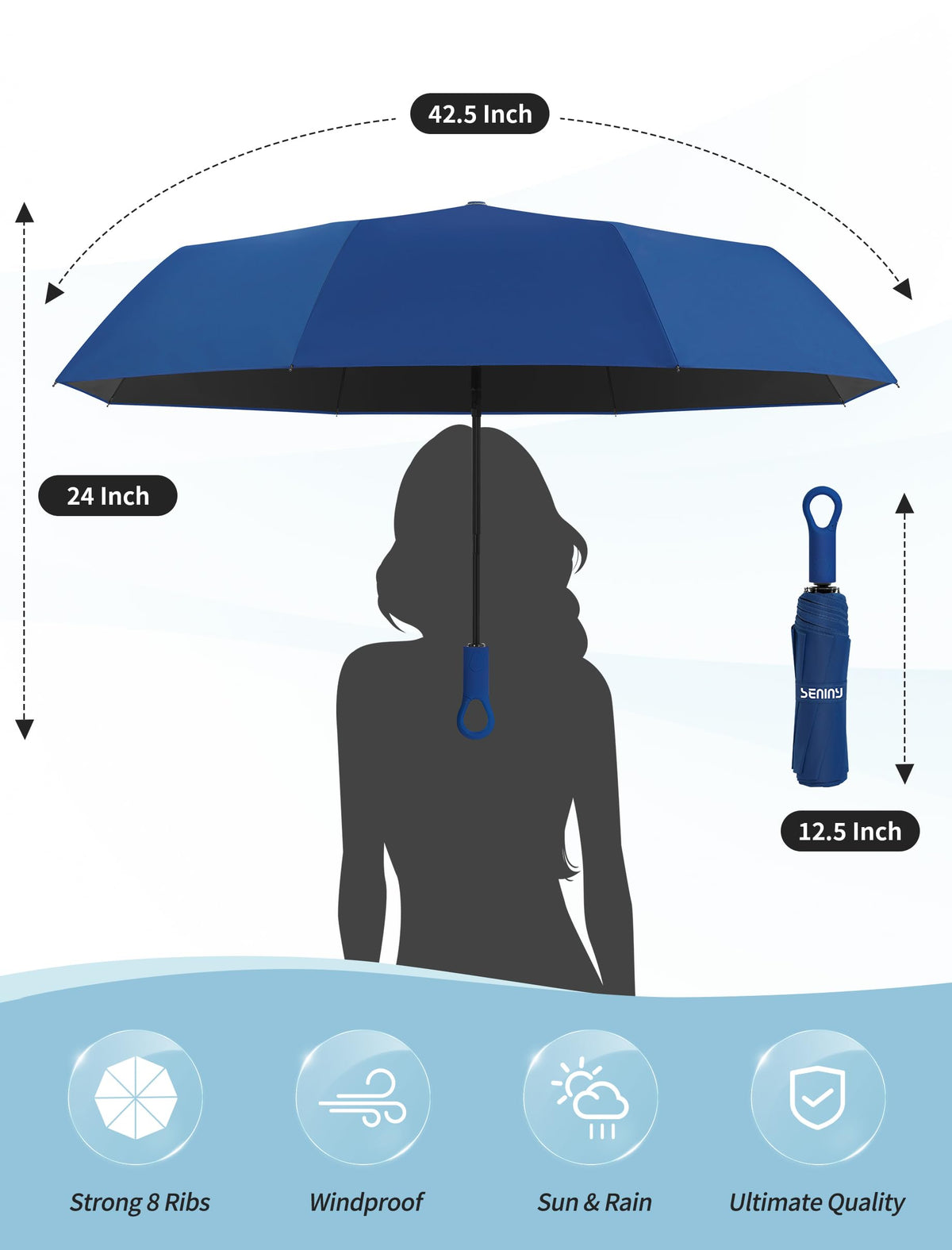 Seniny Mini Travel Umbrella with Case, Compact Pocket Size UV Sun & Rain