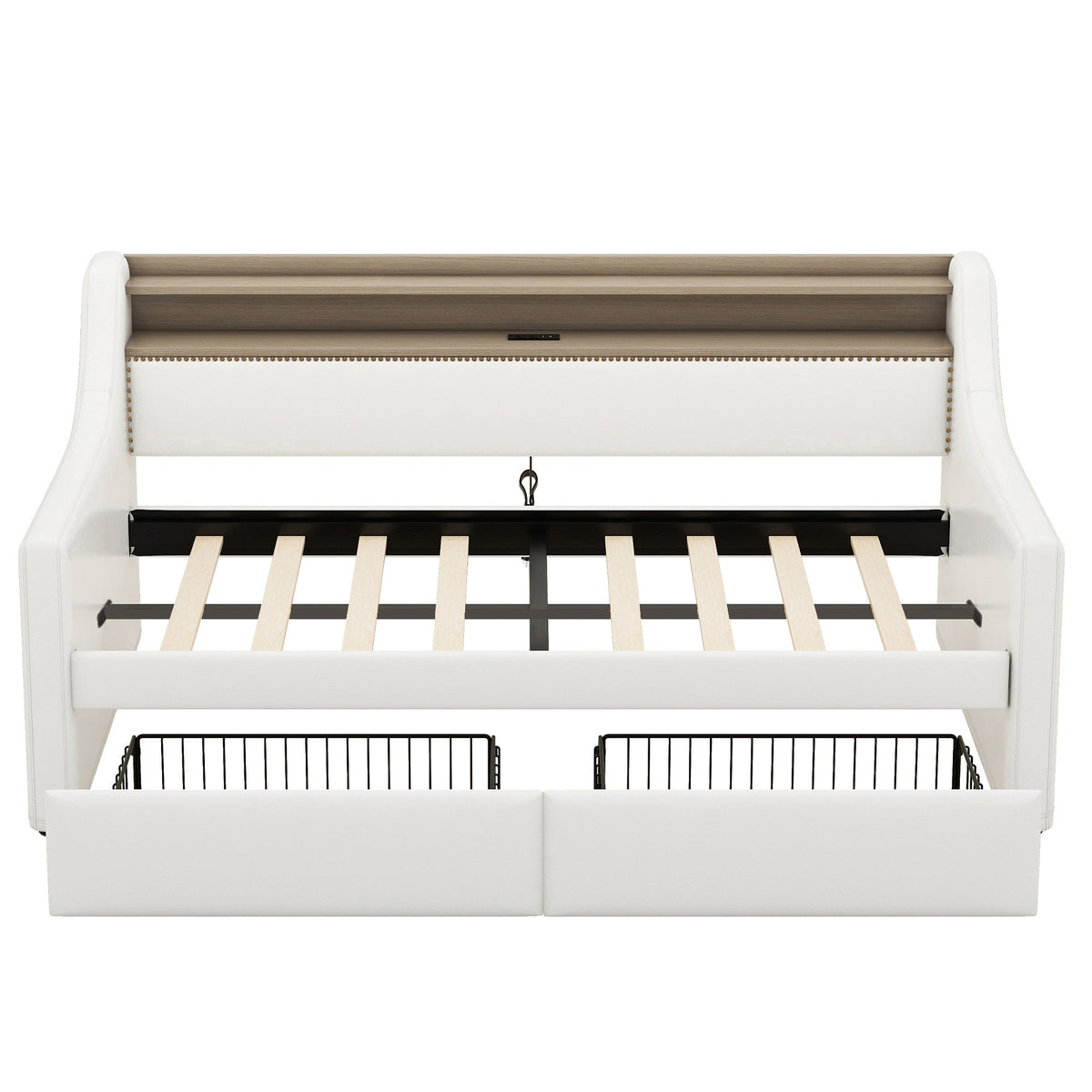 Twin Size Daybed with Drawers, Upholstered Daybed with Charging Station and LED Lights, White