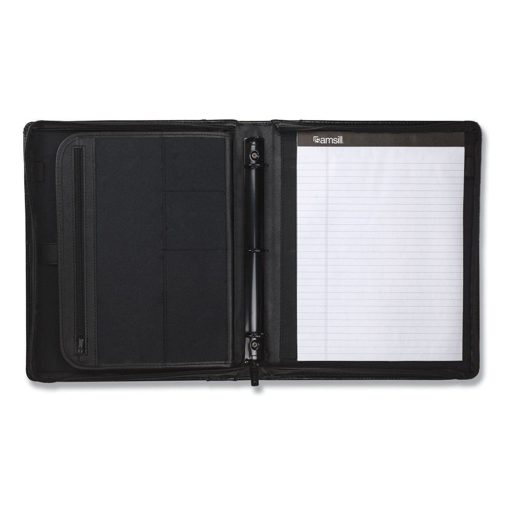 Samsill Leather Multi-Ring Zippered Portfolio, Two-Part, 1" Cap, 11 x 13 1/2, Black