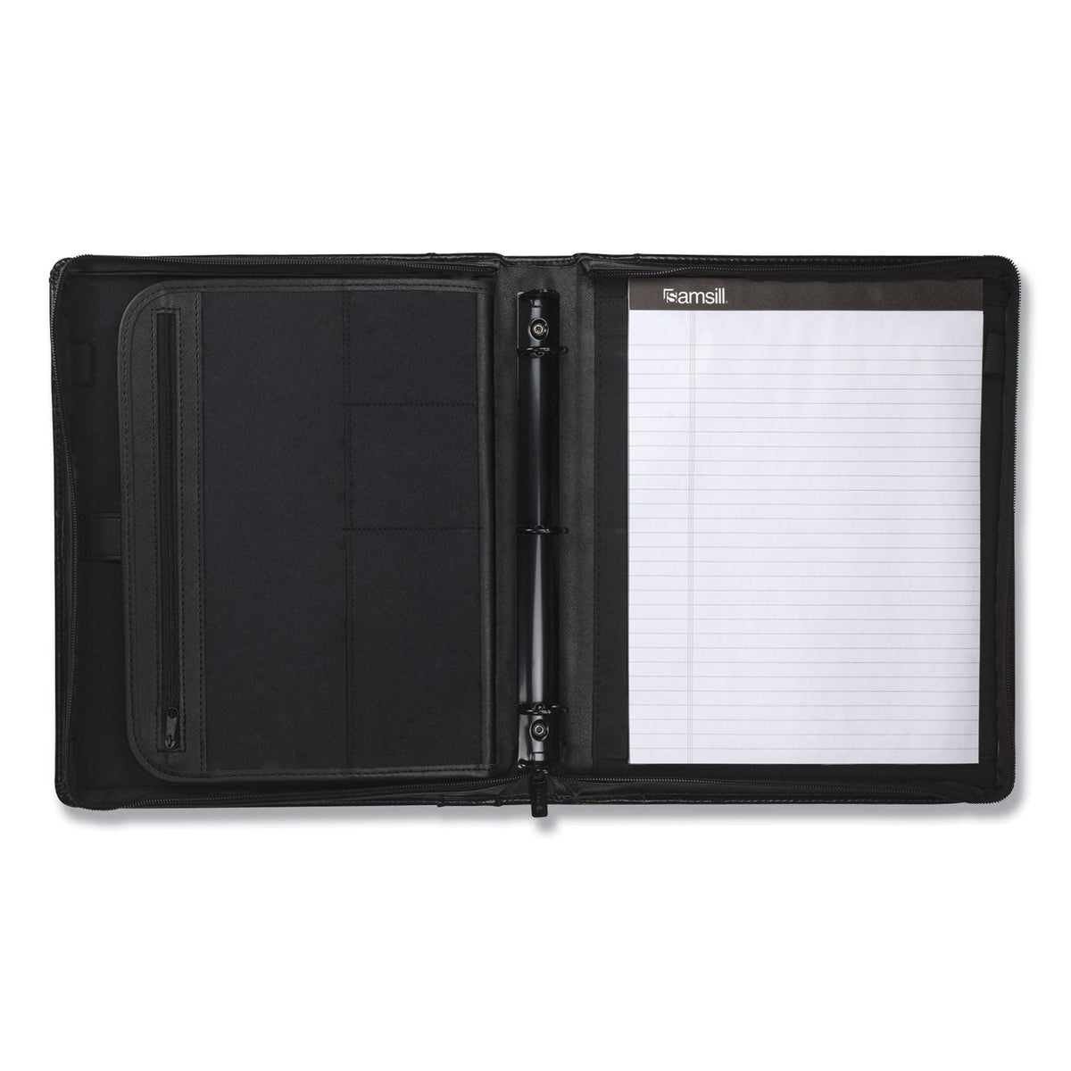 Samsill Leather Multi-Ring Zippered Portfolio, Two-Part, 1" Cap, 11 x 13 1/2, Black