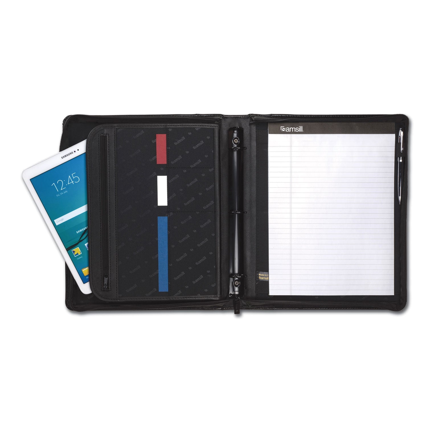 Samsill Leather Multi-Ring Zippered Portfolio, Two-Part, 1" Cap, 11 x 13 1/2, Black