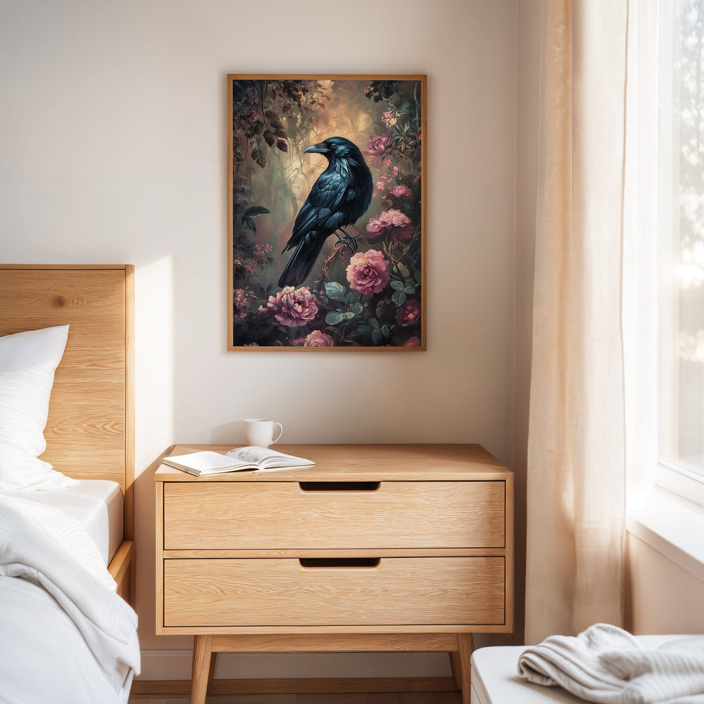 Midnight Raven: Gothic Floral Canvas Wall Art