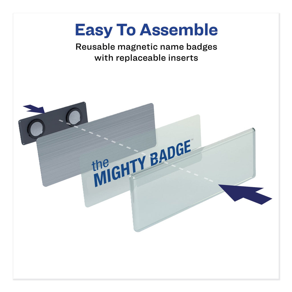 Avery The Mighty Badge Name Badge Holder Kit, Horizontal, 3 x 1, Laser, Silver, 10 Holders/ 80 Inserts