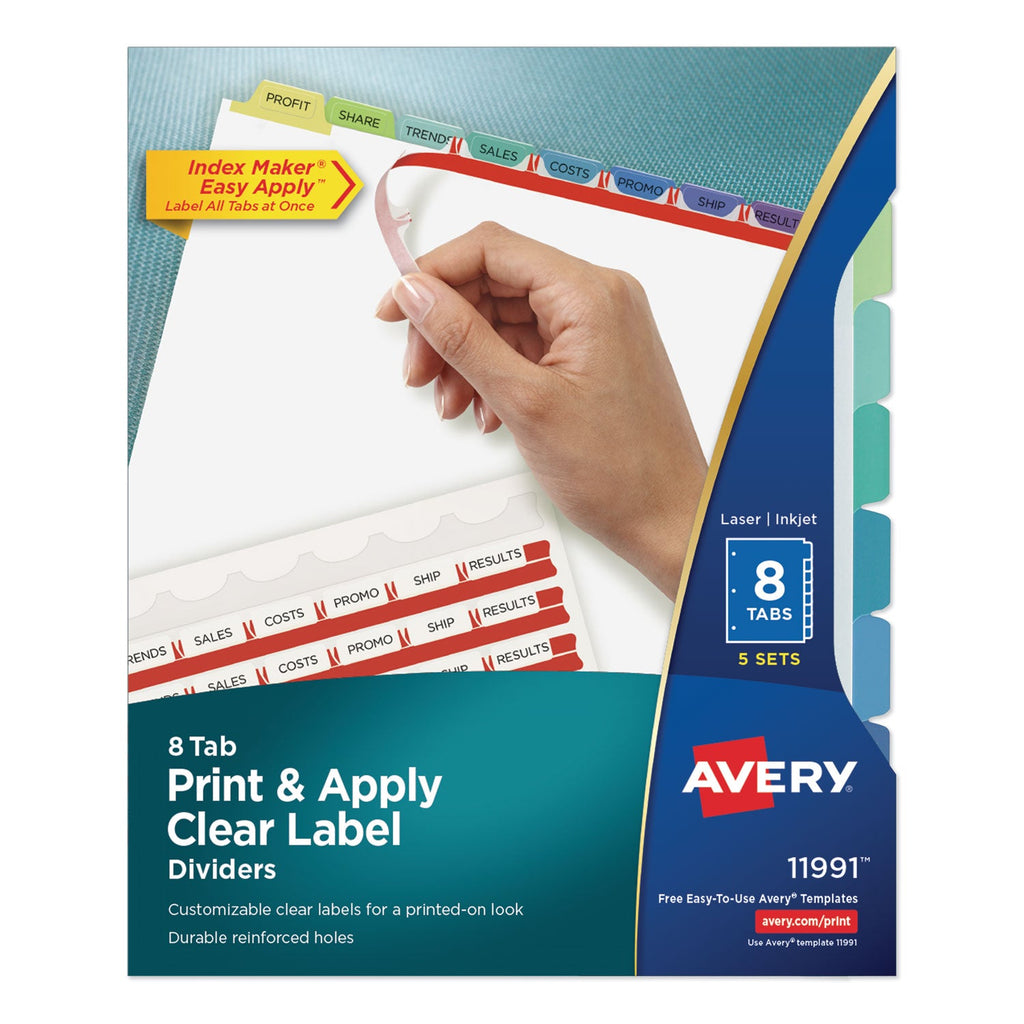 Avery Print and Apply Index Maker Clear Label Dividers, 8-Tab, Color Tabs, 11 x 8.5, White, Contemporary Color Tabs, 5 Sets
