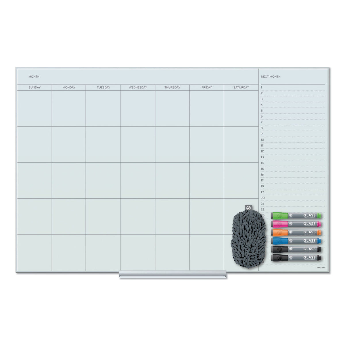 U Brands Floating Glass Dry Erase Undated One Month Calendar, 36 x 24, White