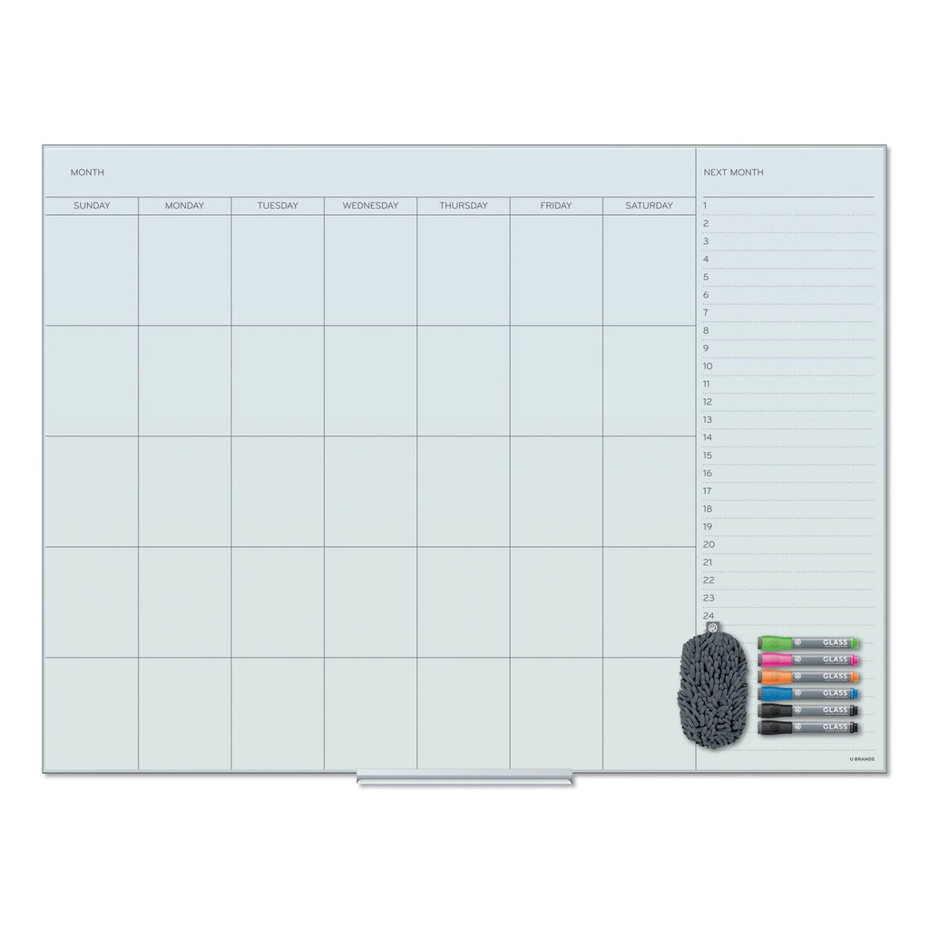 U Brands Floating Glass Dry Erase Undated One Month Calendar, 48 x 36, White