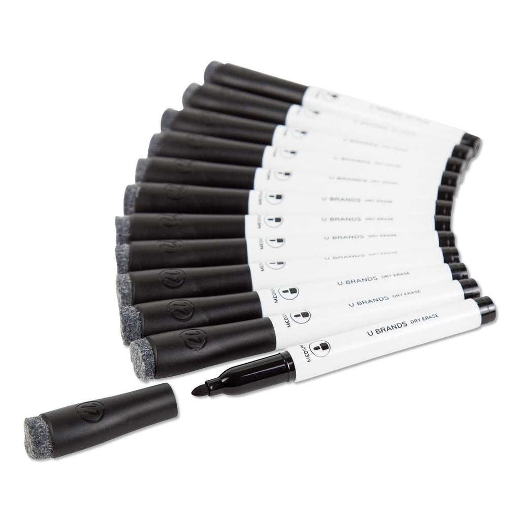 U Brands Medium Point Low-Odor Dry-Erase Markers with Erasers, Medium Bullet Tip, Black, Dozen
