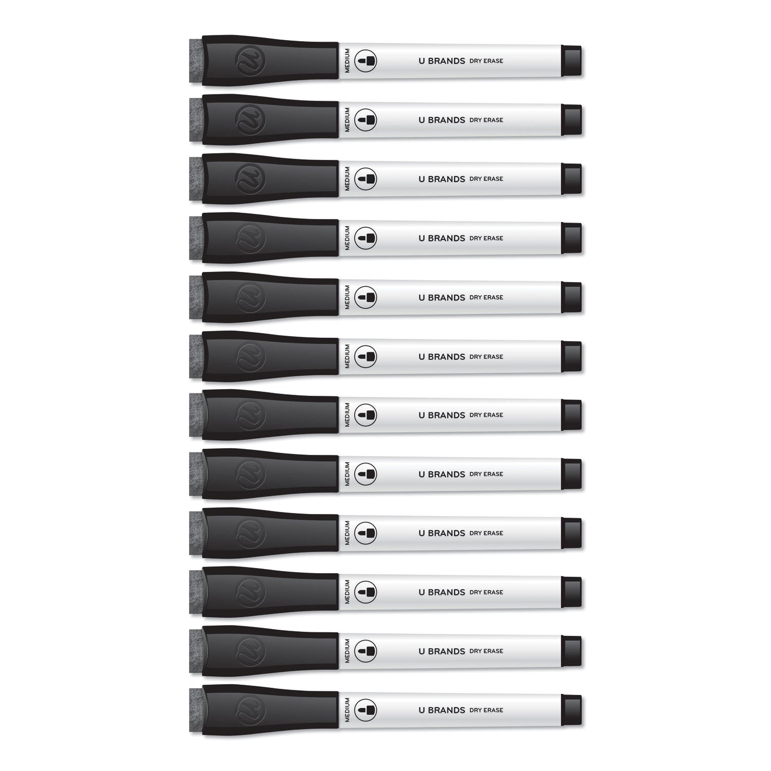 U Brands Medium Point Low-Odor Dry-Erase Markers with Erasers, Medium Bullet Tip, Black, Dozen
