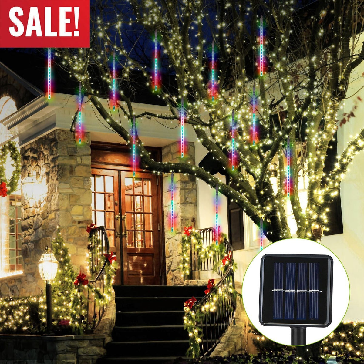 Solar Powered Meteor Shower String Lights 9.84FT Falling Raindrop Tube Lamp Water Resistant Decorative Lights For Tree Home Garden Parties
