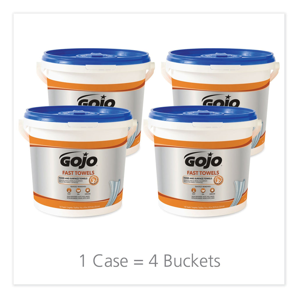 GOJO FAST TOWELS Hand Cleaning Towels, 7.75 x 11, Fresh Citrus, Blue, 130/Bucket, 4 Buckets/Carton
