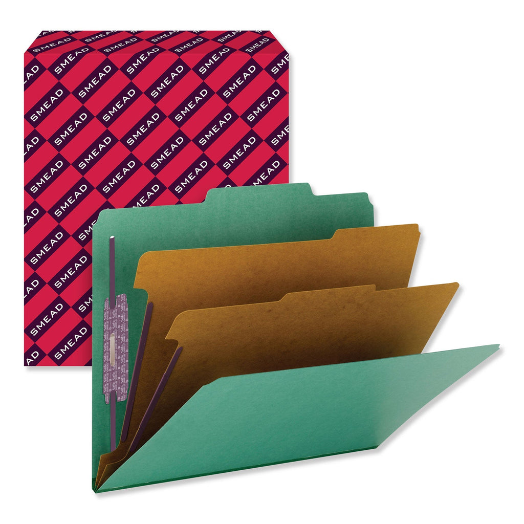 Smead Six-Section Pressboard Top Tab Classification Folders with SafeSHIELD Fasteners, 2 Dividers, Letter Size, Green, 10/Box