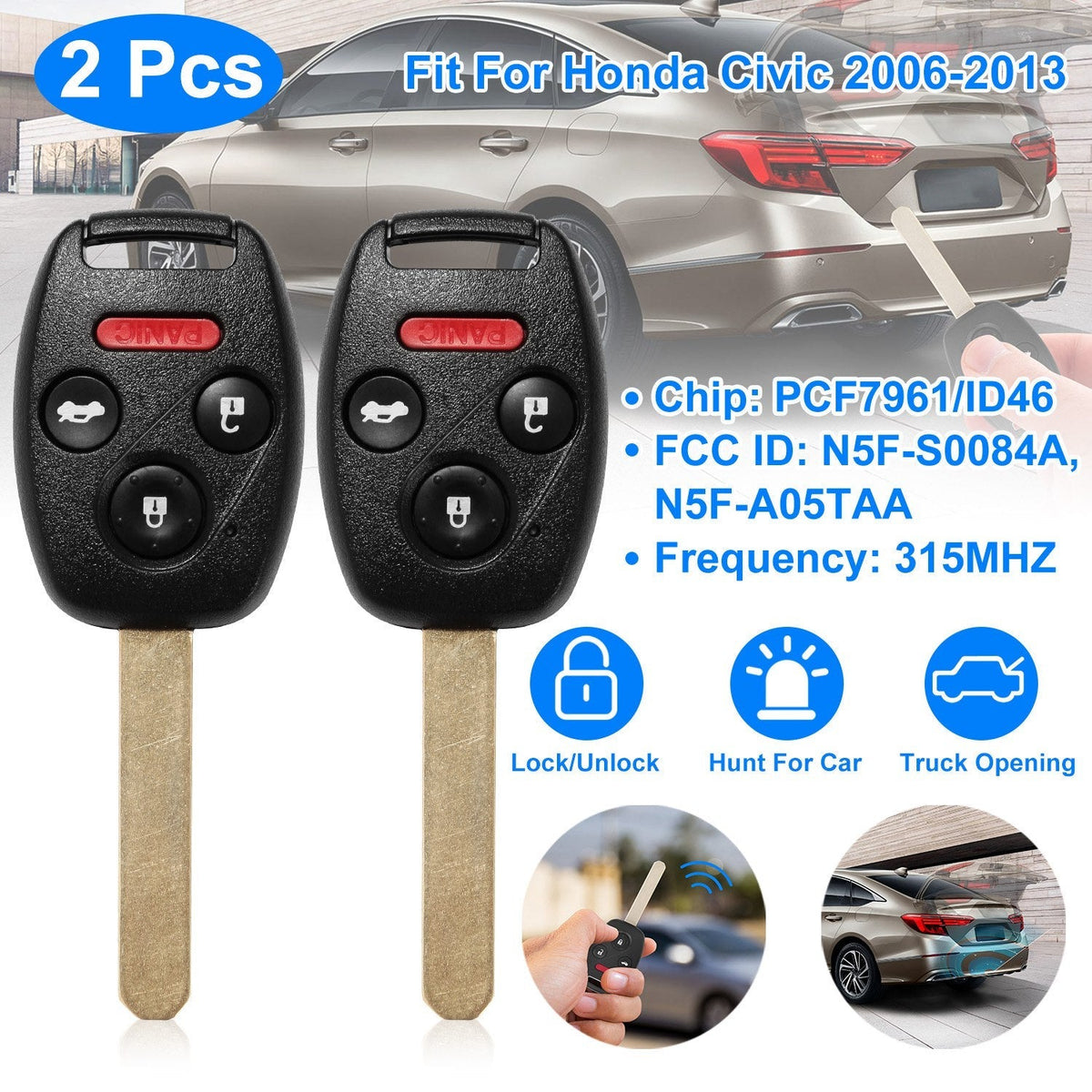 2Pcs Fit For Honda Civic 2006-2013 Remote Keyless Entry Shell Button Car Key _x000B__x000B_Fob Uncut Key Cover Case N5F-S0084A N5F-A05TAA