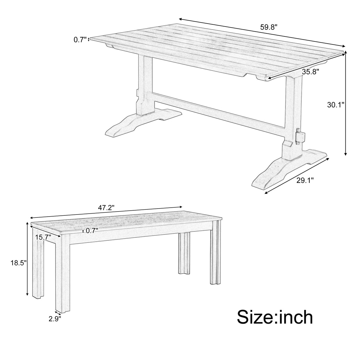 TREXM 3-piece retro dining table, rectangular stand table, and 2 4-person wooden stools (made of natural wood)