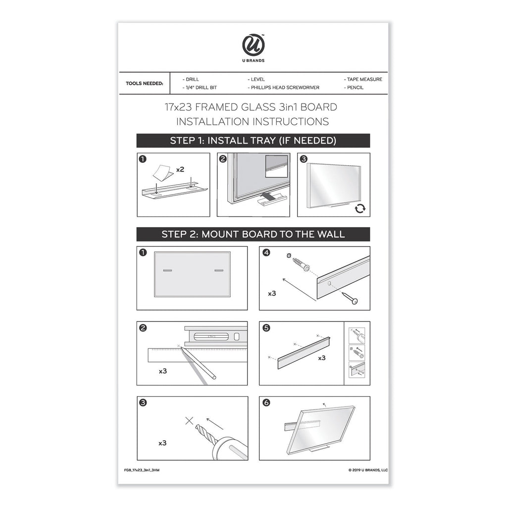 U Brands 3N1 Magnetic Glass Dry Erase Combo Board, 48 x 36, Month View, White Surface and Frame