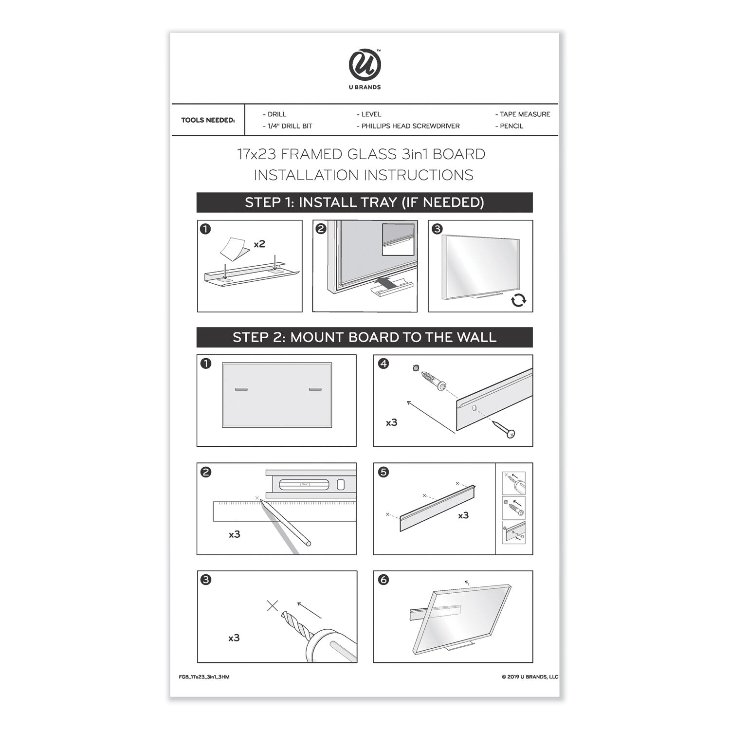 U Brands 3N1 Magnetic Glass Dry Erase Combo Board, 48 x 36, Month View, White Surface and Frame