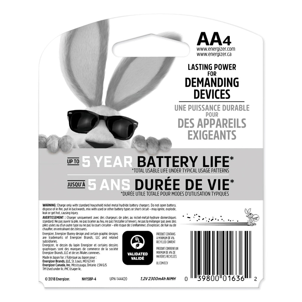 Energizer NiMH Rechargeable AA Batteries, 1.2 V, 4/Pack