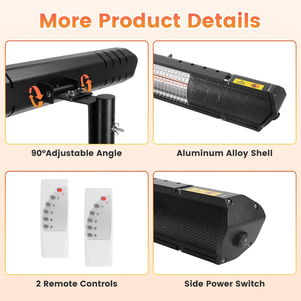 1500W Infrared Patio Heater with Stand, 3 Heat Levels & Remote