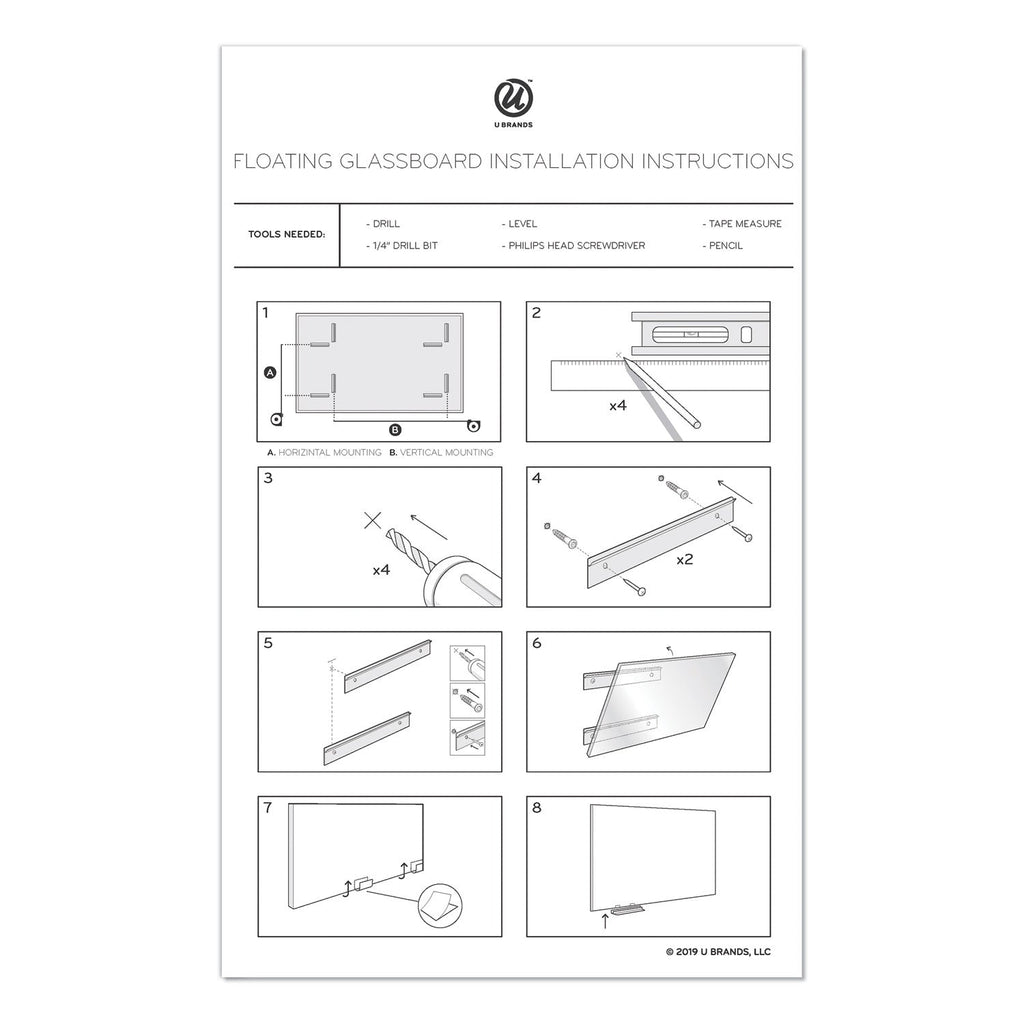 U Brands Floating Glass Dry Erase Board, 48 x 36, White