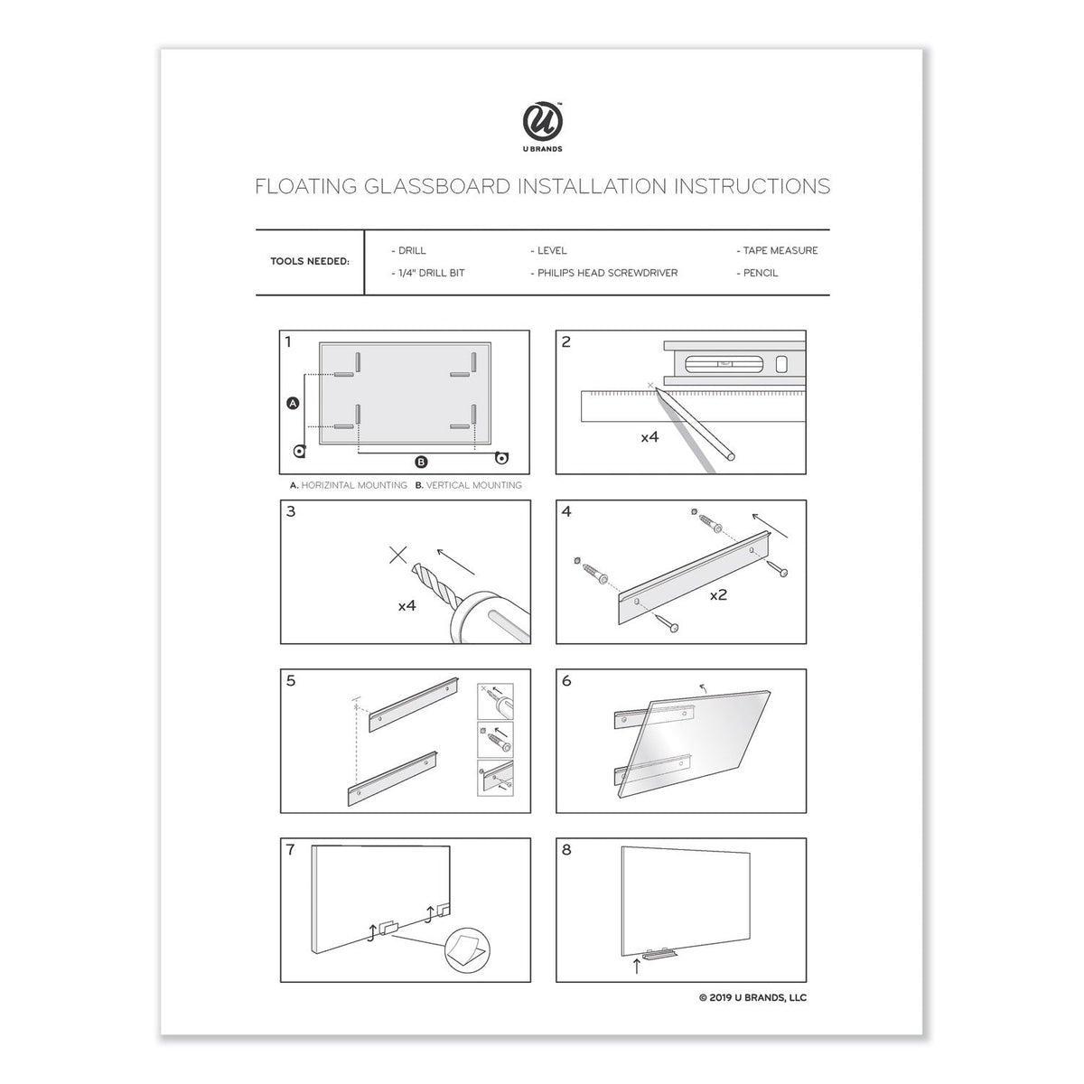 U Brands Floating Glass Dry Erase Board, 72 x 36, White