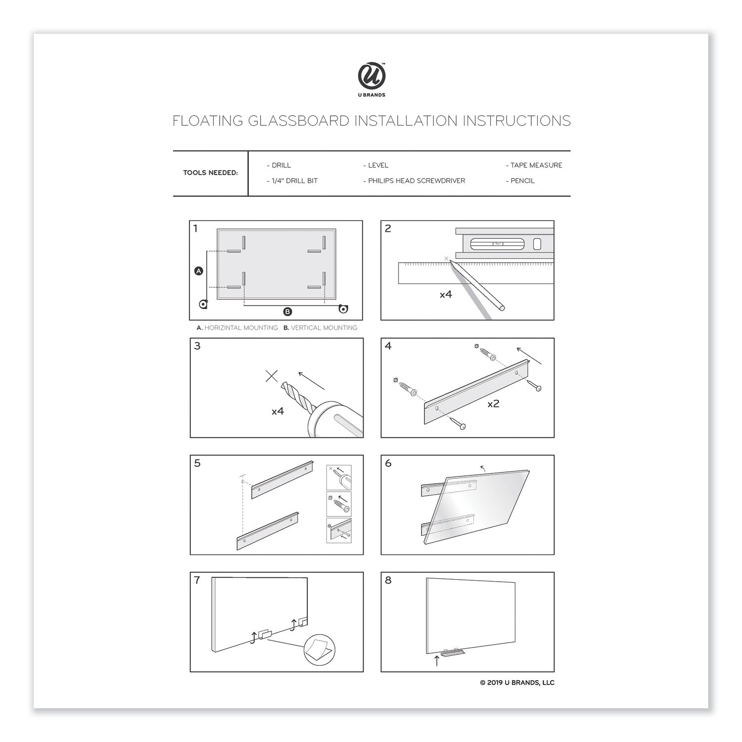 U Brands Floating Glass Dry Erase Undated One Month Calendar, 36 x 24, White