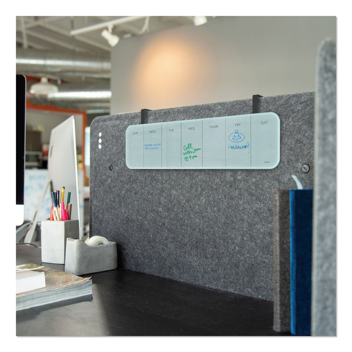 U Brands Cubicle Glass Dry Erase Undated One Week Calendar Board, 20 x 5.5, White