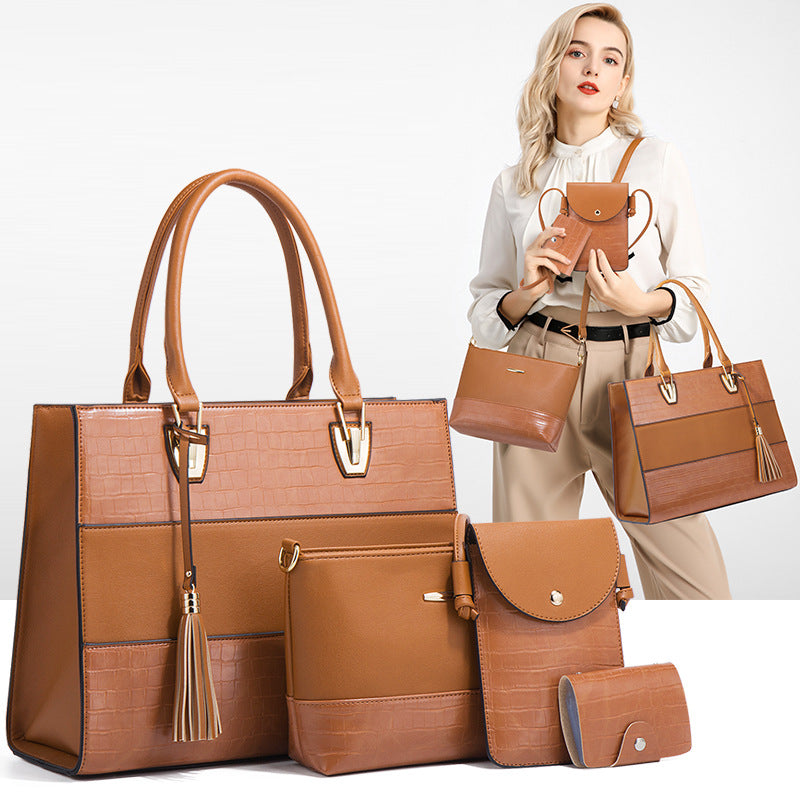 Crocodile-Embossed PU Handbag 4-Piece Set – Large Capacity Crossbody with Tassel Detail