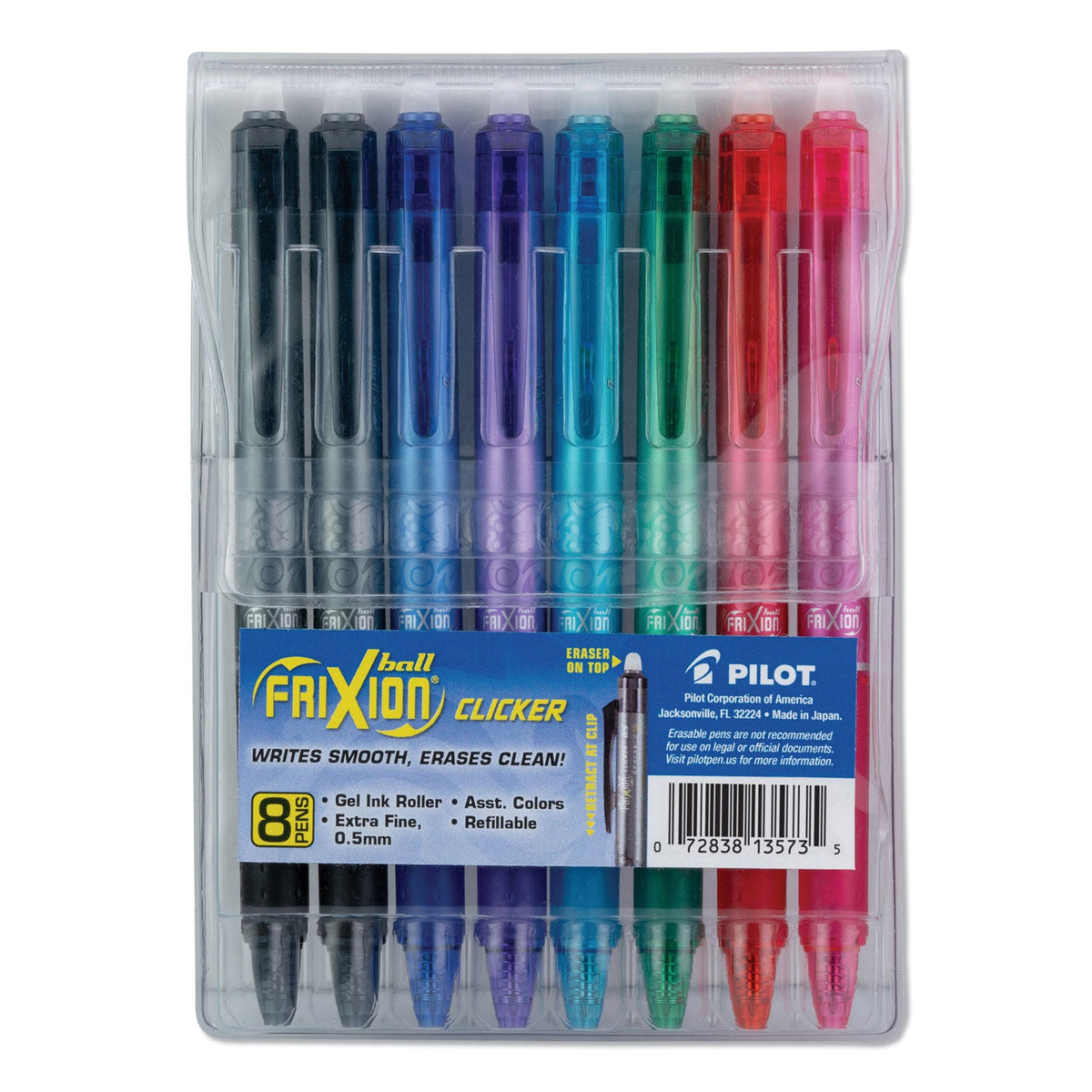 Pilot FriXion Clicker Erasable Gel Pen, Retractable, Extra-Fine 0.5 mm, Assorted Ink and Barrel Colors, 8/Pack