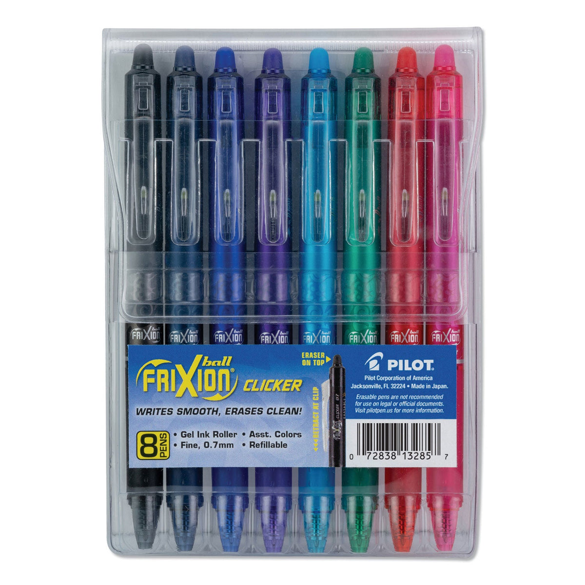 Pilot FriXion Clicker Erasable Gel Pen, Retractable, Fine 0.7 mm, Assorted Ink and Barrel Colors, 8/Pack