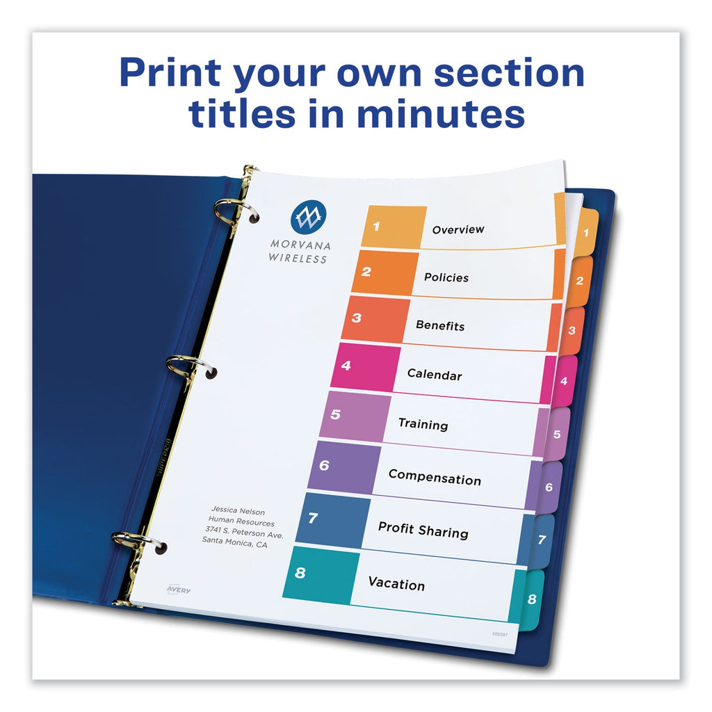 Avery Customizable TOC Ready Index Multicolor Tab Dividers, 8-Tab, 1 to 8, 11 x 8.5, White, Traditional Color Tabs, 1 Set