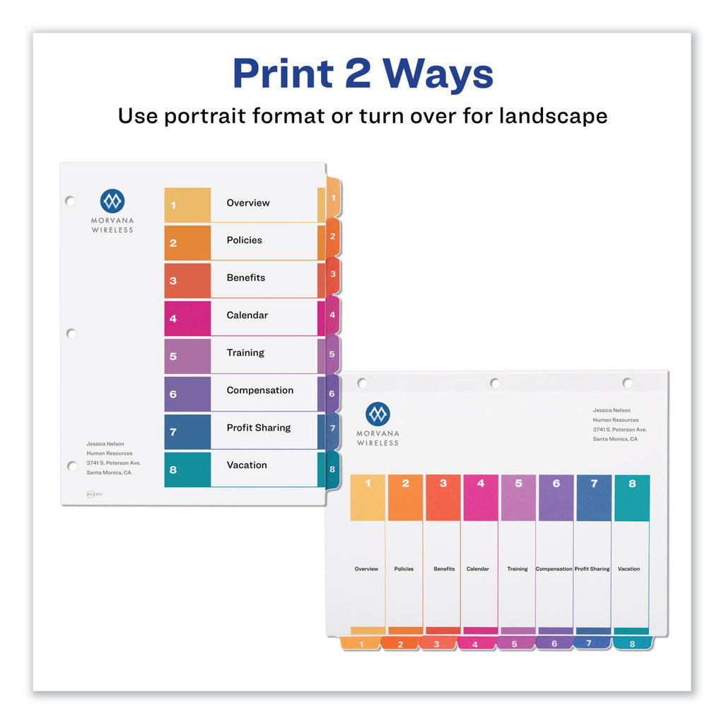 Avery Customizable TOC Ready Index Multicolor Tab Dividers, 8-Tab, 1 to 8, 11 x 8.5, White, Traditional Color Tabs, 1 Set