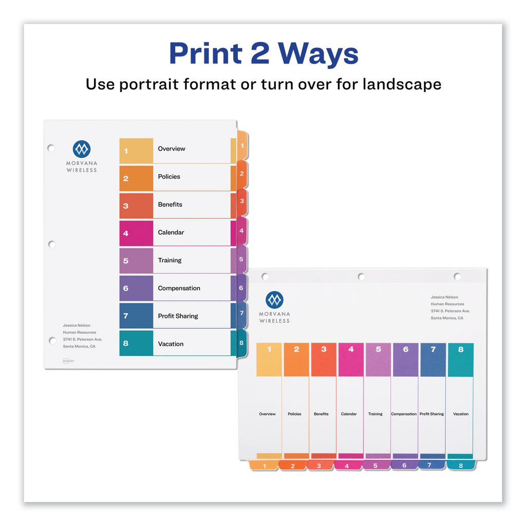 Avery Customizable Table of Contents Ready Index Dividers with Multicolor Tabs, 8-Tab, 1 to 8, 11 x 8.5, White, 3 Sets