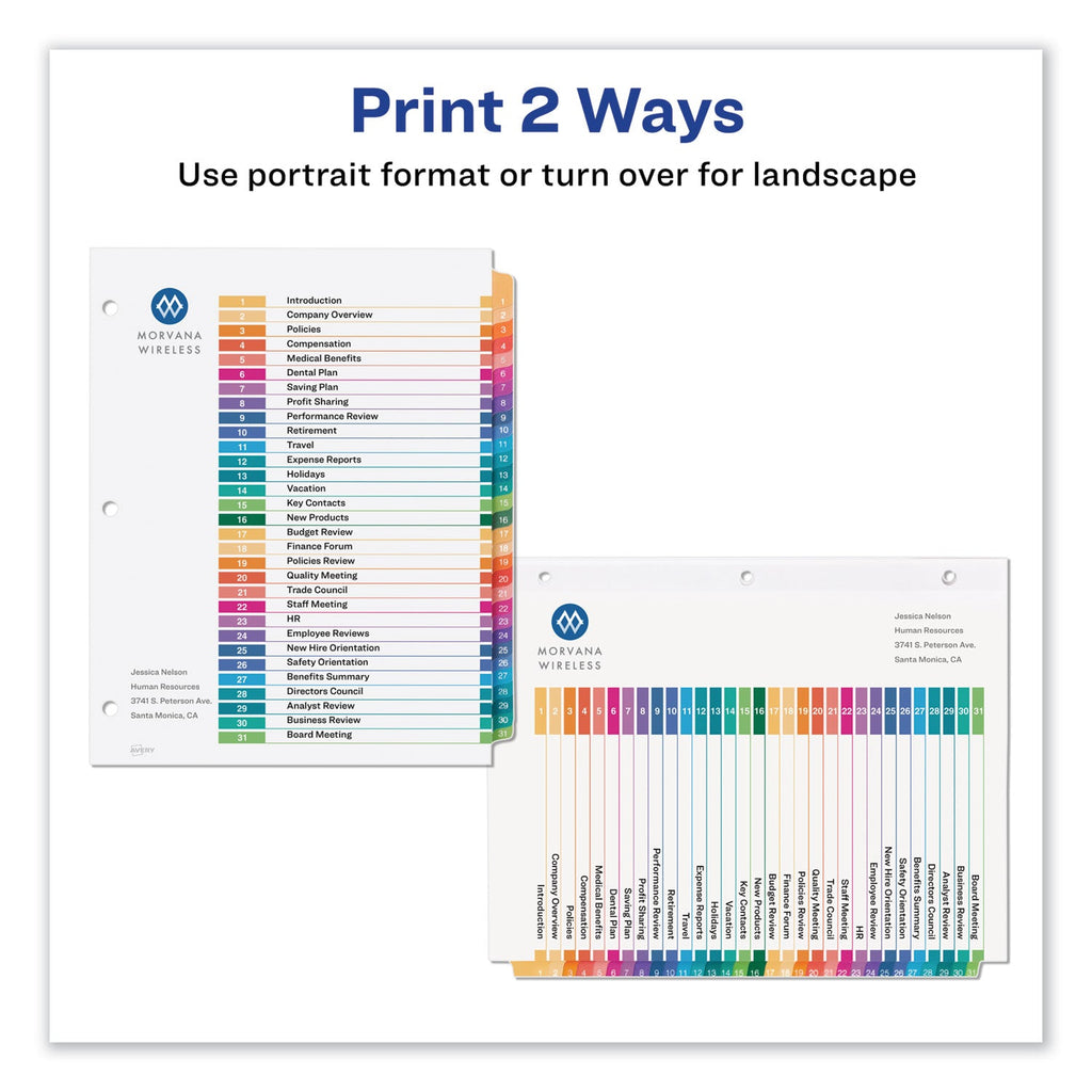Avery Customizable Table of Contents Ready Index Dividers with Multicolor Tabs, 31-Tab, 1 to 31, 11 x 8.5, White, 1 Set