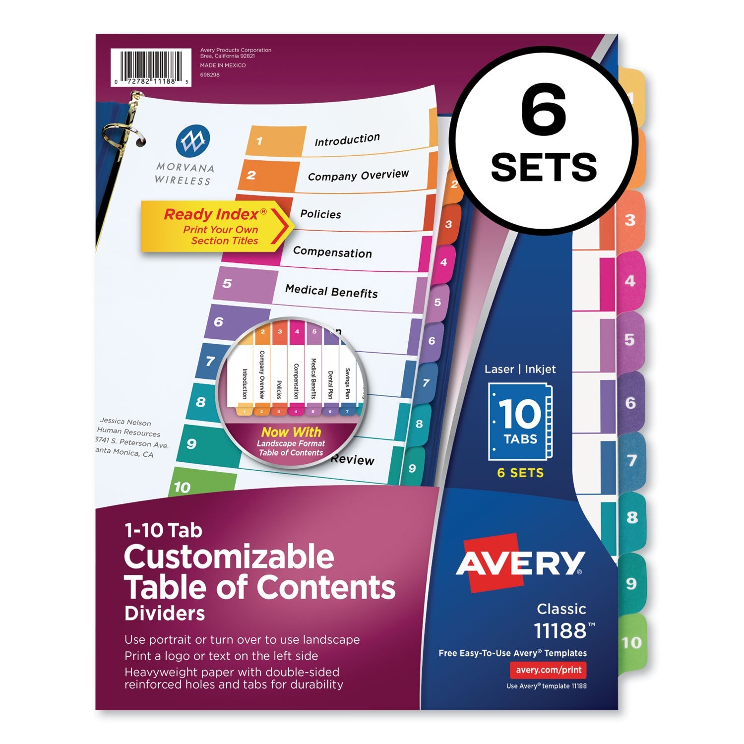 Avery Customizable TOC Ready Index Multicolor Tab Dividers, 10-Tab, 1 to 10, 11 x 8.5, White, Traditional Color Tabs, 6 Sets