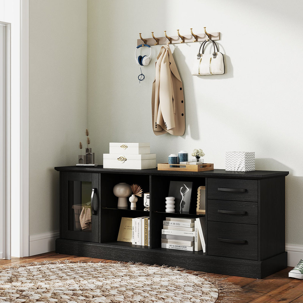 63 Inches Media Console Table with 3 Drawers and 2 Glass Shelves