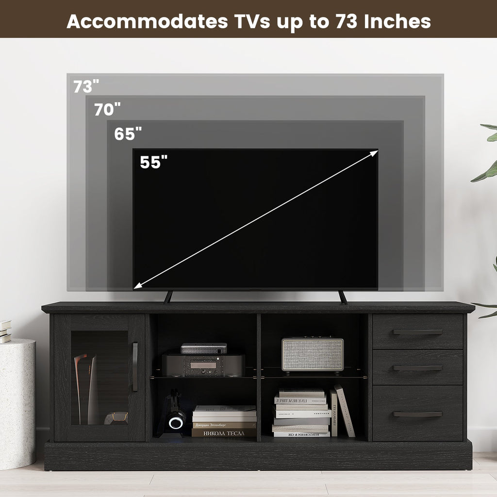 63 Inches Media Console Table with 3 Drawers and 2 Glass Shelves