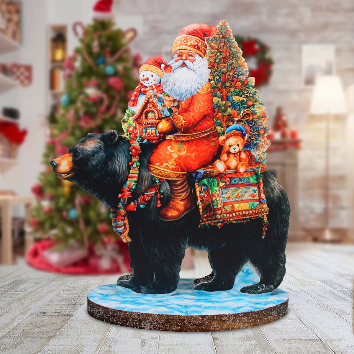 Santa Claus and Black Bear Limited Edition Wooden Figurine by G. Debrekht - Christmas Centerpiece Decoration - 89315