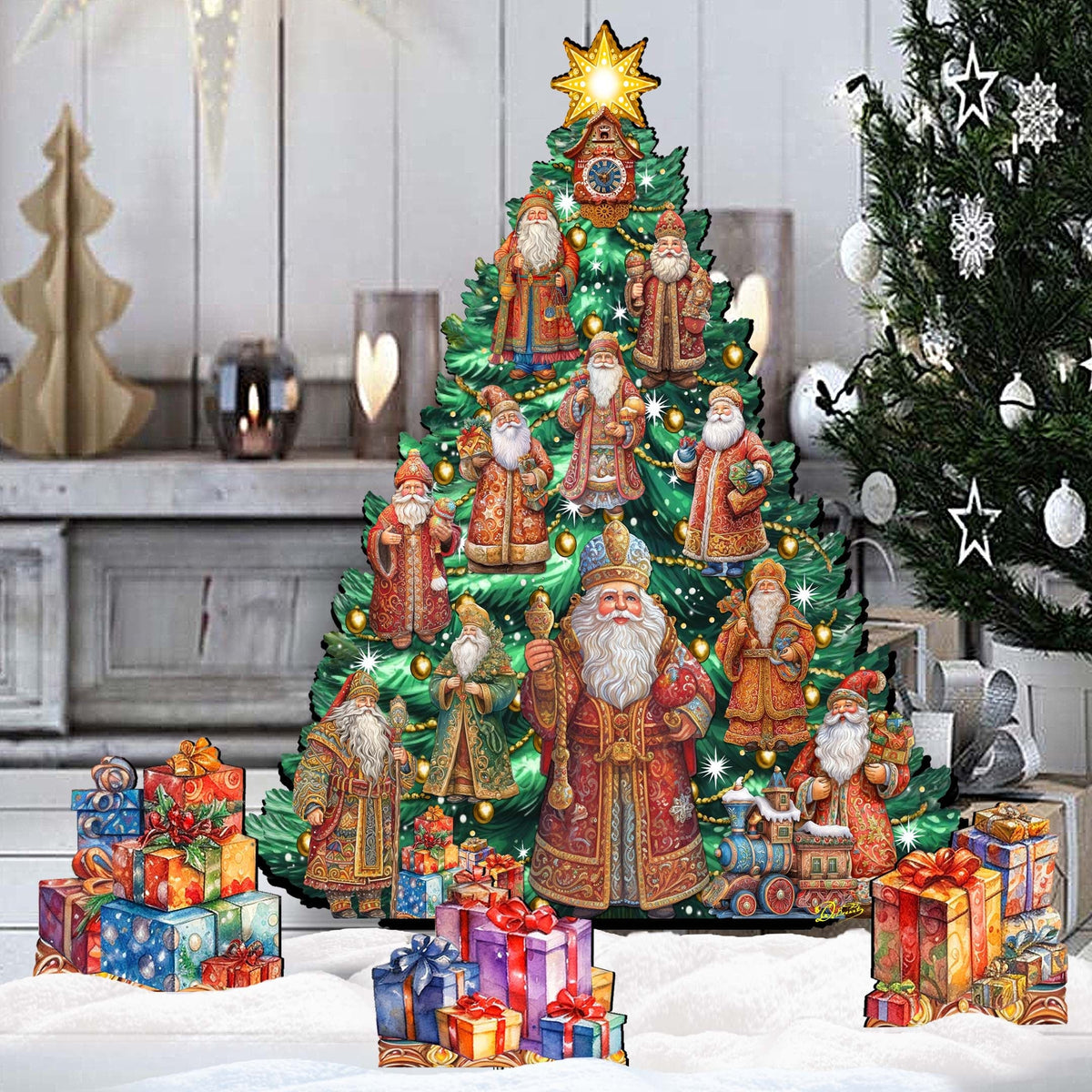 Santa-Themed Christmas Tree Set Outdoor Indoor Decor Wooden Christmas Decoration by G. Debrekht Christmas Decor - 8191517F-G