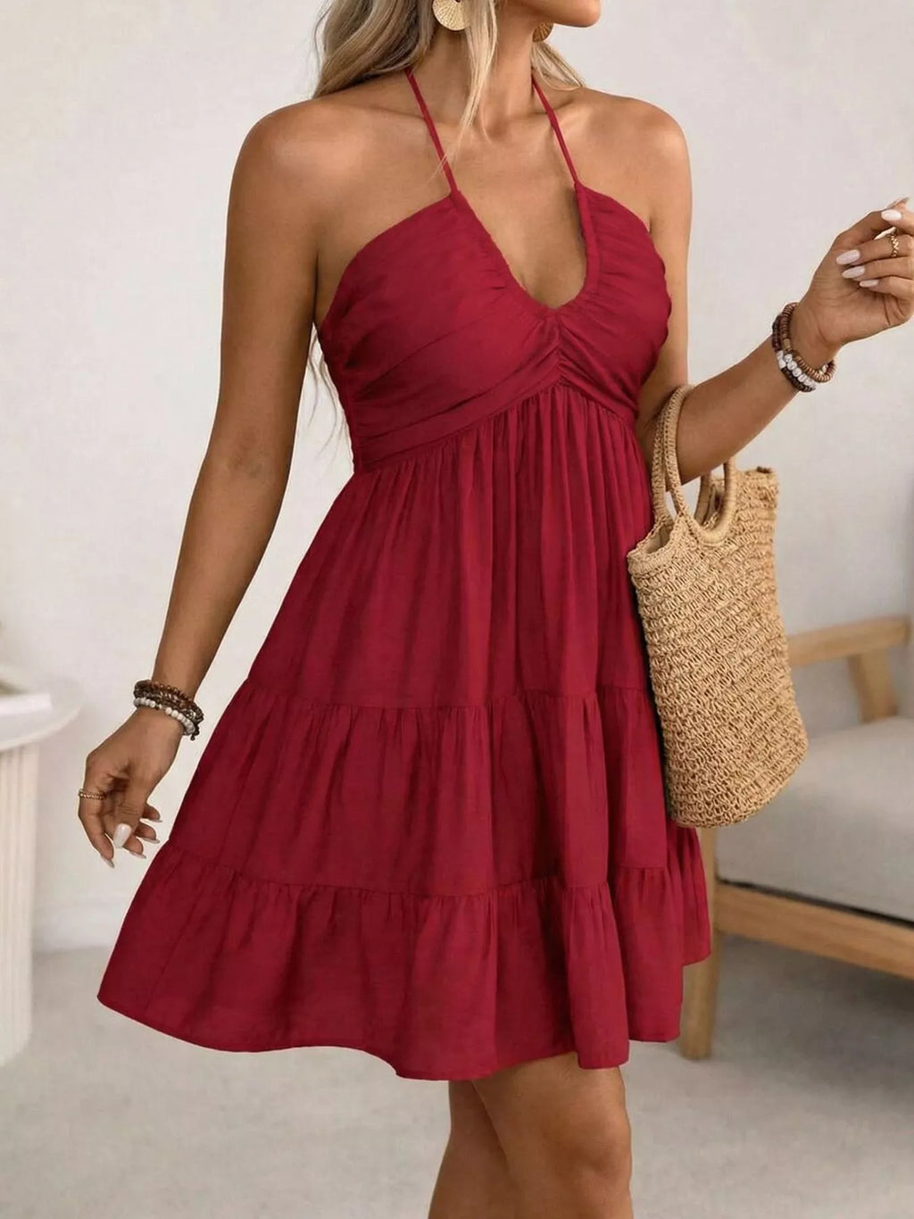Halter Neck Tiered Ruffle Hem Mini Dress