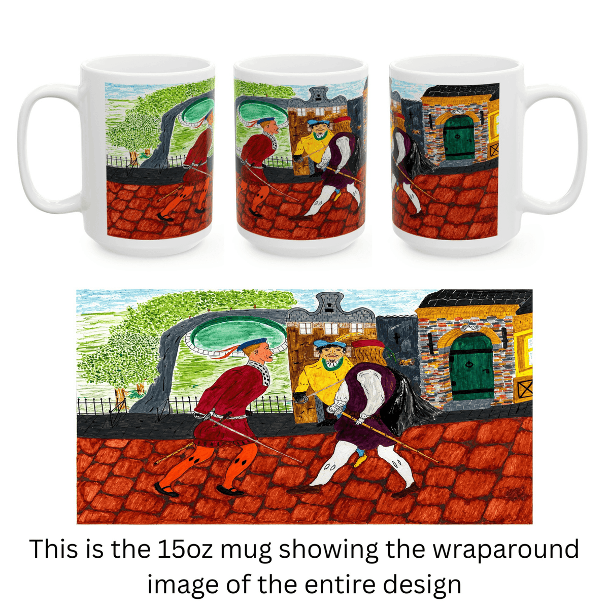 PimsArt Medieval Street Scene Dueling Swordsmen Mug From Original Painting