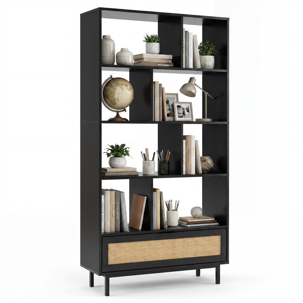 64-Inch Tall Wooden Bookcase with 8 Cubes and Drawer