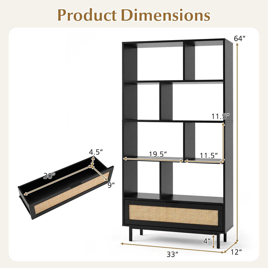 64-Inch Tall Wooden Bookcase with 8 Cubes and Drawer